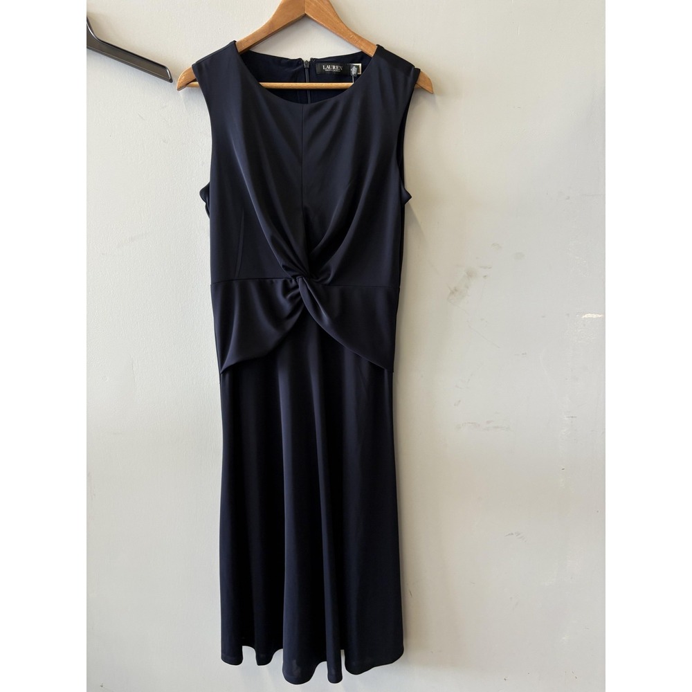 Lauren Ralph Lauren Dress Womens 8 Navy Ruched Knot Front Sleeveless Midi Jersey